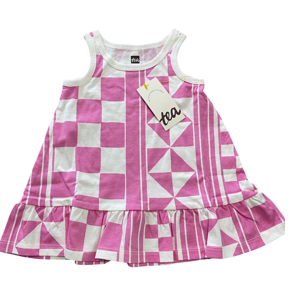 Tea Collection Tank‎ Dress Baby 3-6M Pink Geometric Ruffle Hem Sleeveless Cotton
